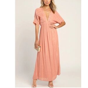 Lulus Goddess Vibes Rusty Rose Gold Striped Maxi Dress Women’s Size L Dolman